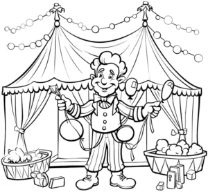 malvorlage-zirkus-clown-mit-jongleur-und-zelt