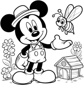 mickey-mouse-biene-blumen-ausmalvorlage