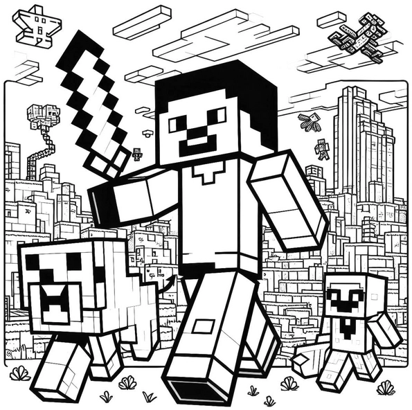 minecraft-ausmalvorlage-charaktere-und-hunde