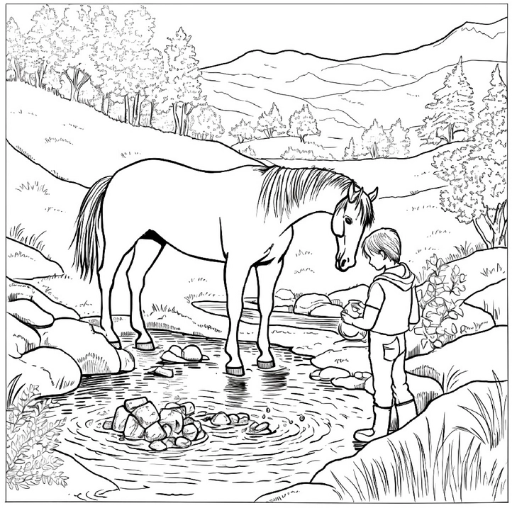 pferd-im-wasser-naturbelassene-szene