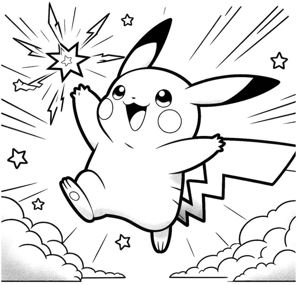 pikachu-mit-blitzen-und-sternen-ausmalbild