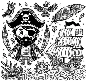 pirat-mit-schiff-und-voegeln-ausmalvorlage