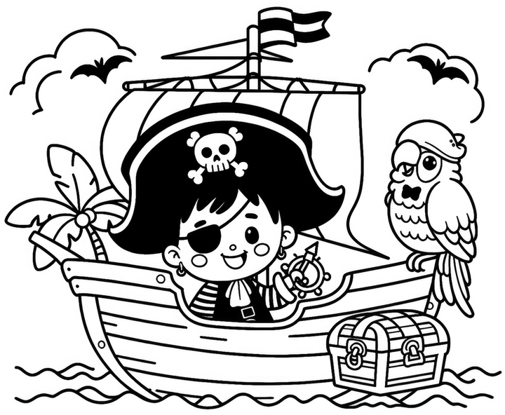 piraten-mit-schiff-und-papagei-ausmalbild