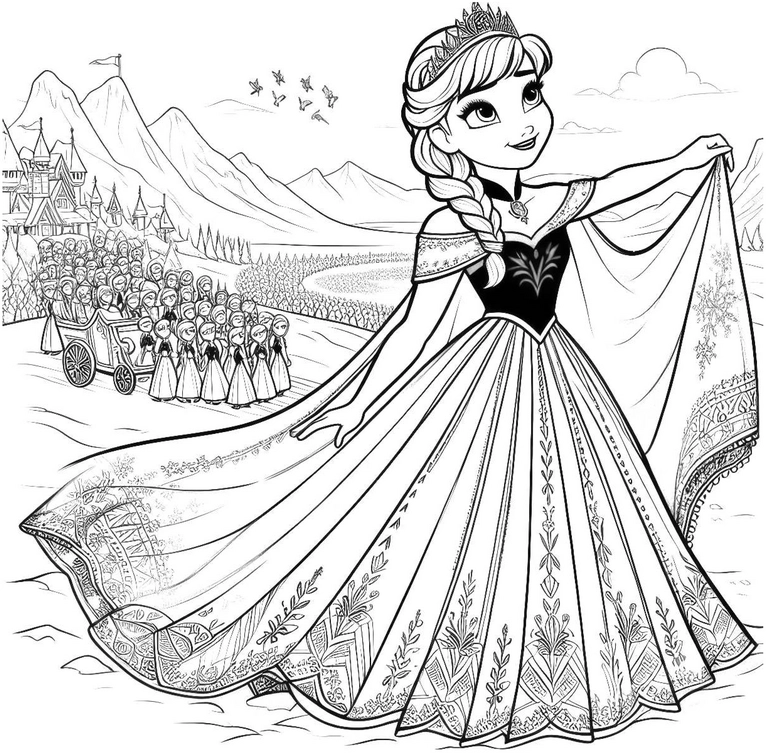 princessin-parade-mit-berglandschaft-ausmalvorlage