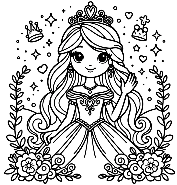 prinzessin-herzen-blumen-ausmalvorlage