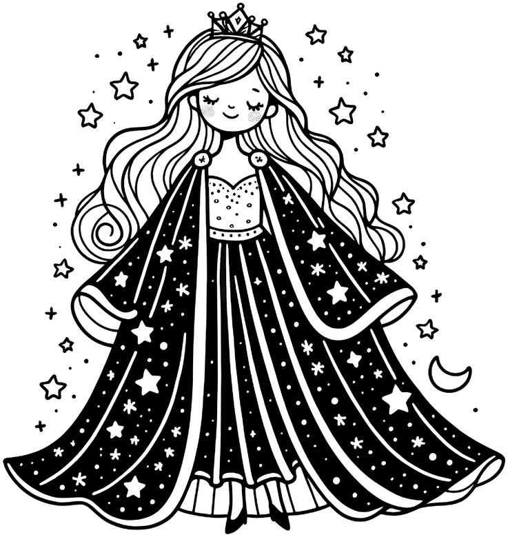 prinzessin-mit-sternen-und-mond-ausmalvorlage
