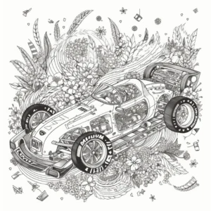 rennwagen-in-floralem-hintergrund