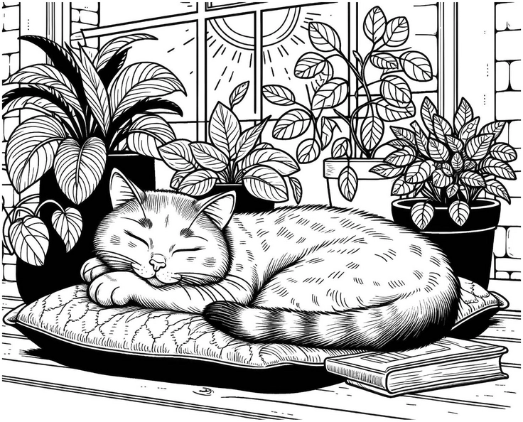 schlafender-kater-mit-pflanzen-ausmalvorlage