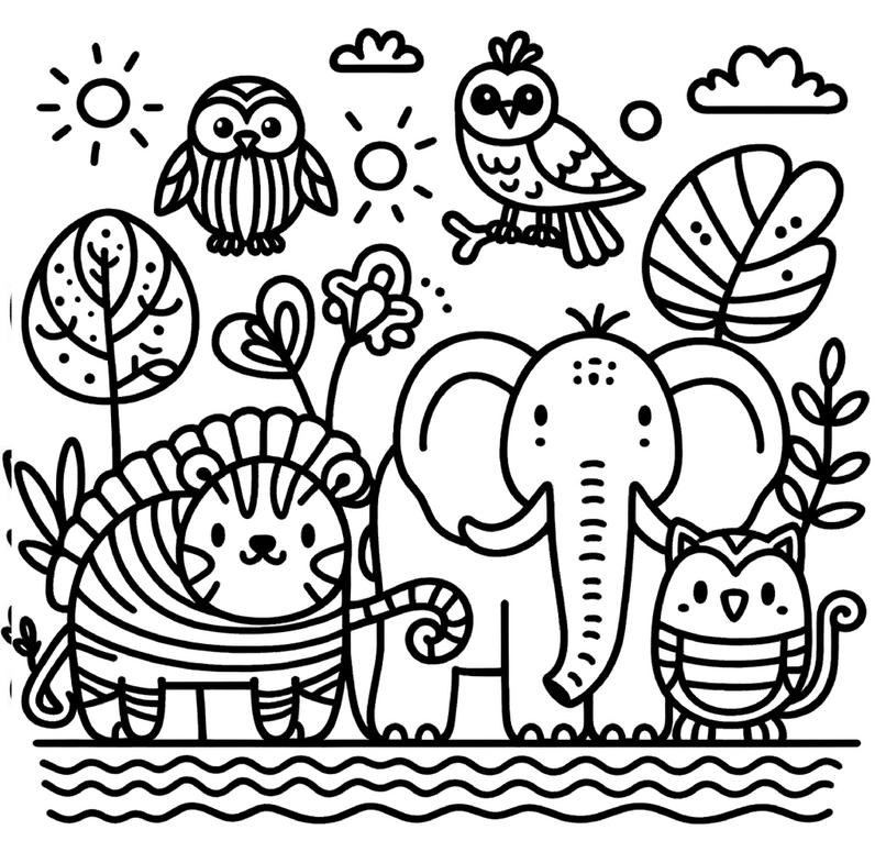 tiere-loewe-elefant-und-voegel-ausmalvorlage
