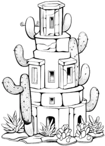turm-mit-kakteen-und-pflanzen-ausmalbild