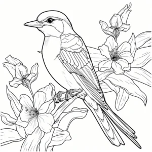 vogel-und-grosse-blumen-ausmalvorlage