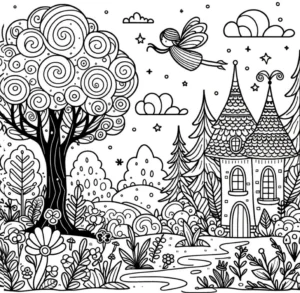 wald-mit-fee-und-haus-ausmalvorlage