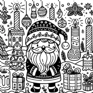 weihnachtsmann-mit-kerzen-und-geschenken-ausmalbild