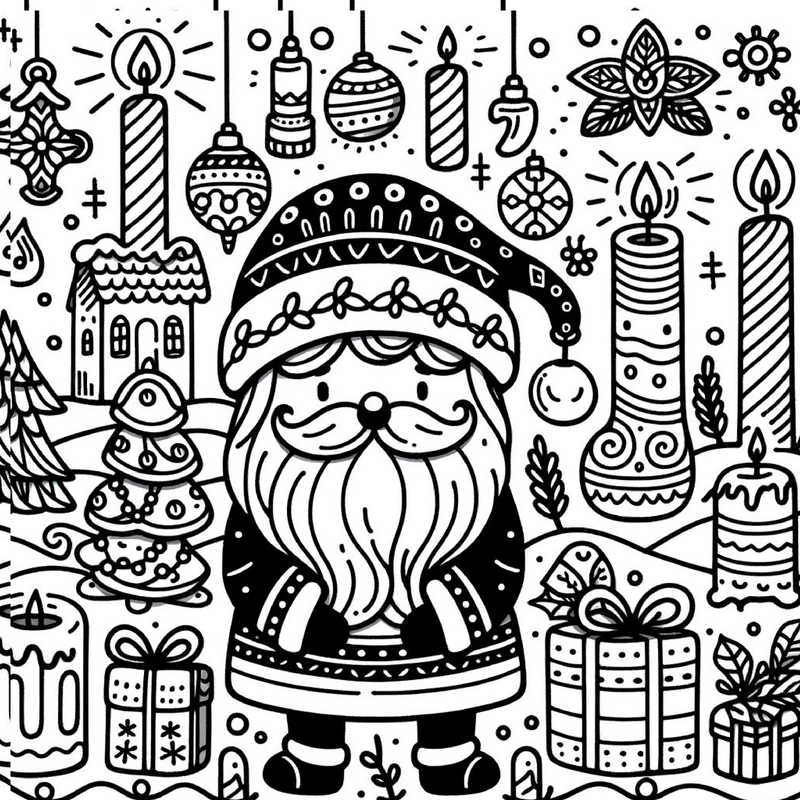 weihnachtsmann-mit-kerzen-und-geschenken-ausmalbild