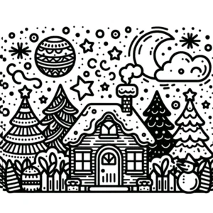 winterlandschaft-huette-schneemann-malvorlage