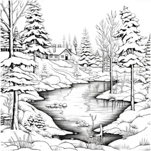 winterlandschaft-mit-haus-am-see-malvorlage