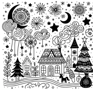 winterlandschaft-mit-weihnachtsmotiven-ausmalvorlage