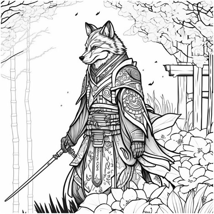 wolf-in-kriegerkleidung-umgeben-von-blumen-und-baumen